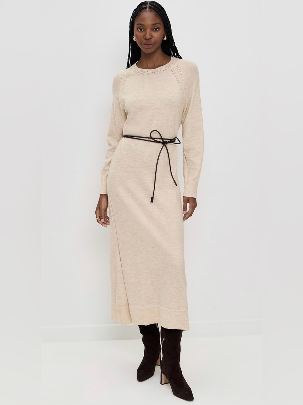 Loren Long Sleeve Belted Wool Blend Maxi Sweater Dress
